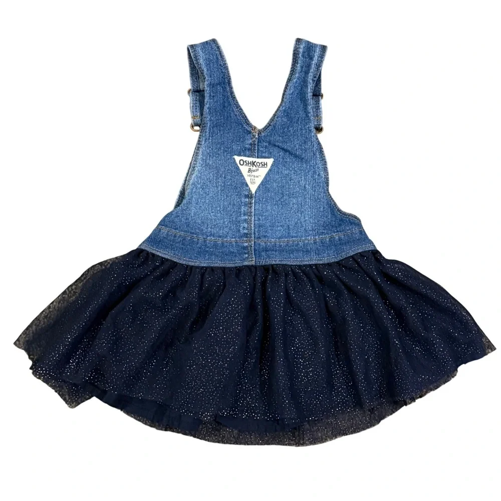 OshKosh Bgosh Girls 18M Denim Jumper Dress Navy Blue Glitter Tulle Tutu Skirt